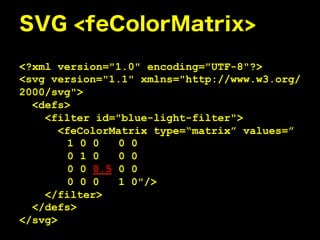 <?xml version="1.0" encoding="UTF-8"?>
<svg version="1.1" xmlns="http://www.w3.org/
2000/svg">
  <defs>
    <filter id="blue-light-filter">
       <feColorMatrix type=matrix values=
        1 0 0   0 0
        0 1 0   0 0
        0 0 0.5 0 0
        0 0 0   1 0"/>
    </filter>
  </defs>
</svg>
 