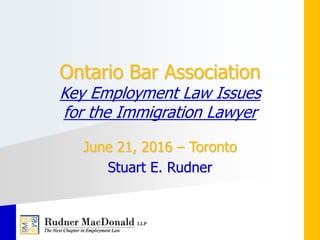Ontario Bar Association
Key Employment Law Issues
for the Immigration Lawyer
June 21, 2016 – Toronto
Stuart E. Rudner
 