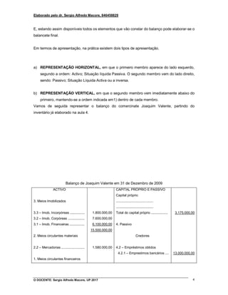 Elaborado pelo dr. Sergio Alfredo Macore, 846458829
O DOCENTE: Sergio Alfredo Macore, UP 2017 4
E, estando assim disponíveis todos os elementos que vão constar do balanço pode elaborar-se o
balancete final.
Em termos de apresentação, na prática existem dois tipos de apresentação.
a) REPRESENTAÇÃO HORIZONTAL, em que o primeiro membro aparece do lado esquerdo,
segundo a ordem: Activo; Situação líquida Passiva. O segundo membro vem do lado direito,
sendo: Passivo; Situação Líquida Activa ou a inversa.
b) REPRESENTAÇÃO VERTICAL, em que o segundo membro vem imediatamente abaixo do
primeiro, mantendo-se a ordem indicada em1) dentro de cada membro.
Vamos de seguida representar o balanço do comercinate Joaquim Valente, partindo do
inventário já elaborado na aula 4.
Balanço de Joaquim Valente em 31 de Dezembro de 2009
ACTIVO
3. Meios Imobilizados
3.3 – Imob. Incorpóreas ................
3.2 – Imob. Corpóreas ..................
3.1 – Imob. Financeiras ................
2. Meios circulantes materiais
2.2 – Mercadorias .........................
1. Meios circulantes financeiros
1.800.000,00
7.600.000,00
6.100.000,00
15.500.000,00
1.580.000,00
CAPITAL PRÓPRIO E PASSIVO
Capital próprio
........................................
........................................
Total do capital próprio ..................
4. Passivo
Credores
4.2 – Empréstimos obtidos
4.2.1 – Emprestimos bancários ....
3.175.000,00
13.000.000,00
 