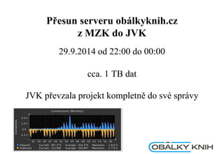 Přesun serveru obálkyknih.cz
z MZK do JVK
29.9.2014 od 22:00 do 00:00
cca. 1 TB dat
JVK převzala projekt kompletně do své správy
 