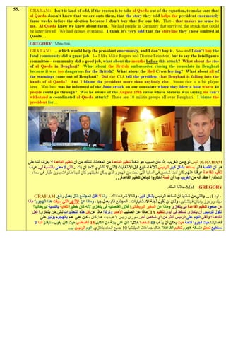 ‫.55‬




      ‫‪ :GRAHAM‬أليس نوع من الغريب، إذا كان السبب هو اتخاذ تنظيم القاعدة من المعادلة، للتأكد من أن تنظيم القاعدة ال يعرف أننا على‬
      ‫هم، أن القصة قالوا يساعد بشكل كبير للرئيس ثالثة أسابيع قبل االنتخابات ألنني ال تشتري ألحد أن بت -. التي ال معنى بالنسبة لي. عرف‬
        ‫تنظيم القاعدة عرفنا عنهم. كان لدينا شخص في ألمانيا التي نجت من الهجوم الذي يمكن مقابلتهم. كان لدينا طائرات بدون طيار في سماء‬
                                                                 ‫المنطقة. أعتقد أنه من الغريب جدا أن قصة اختاروا تجاهل تنظيم القاعدة. . .‬

                                                                                                   ‫‪-MM :GREGORY‬جاللة الملك.‬

           ‫- أود ‪ ... :I‬والتي من شأنها أن تساعد الرئيس بشكل كبير، وأنا ال شرائه لذلك - وانا ال اقبل المجتمع إنتل بعمل رائع. ‪GRAHAM‬‬
      ‫مايك روجرز وديان فاينشتاين، ولكن أن نقول لجنة االستخبارات - المجتمع قام بعمل جيد، وماذا عن األشهر التي سبقت هذا الهجوم؟ ماذا‬
          ‫عن صعود تنظيم القاعدة في بنغازي وماذا عن السفير البريطاني إغالق القنصلية في بنغازي ألنه كان خطيرا للغاية بالنسبة لبريطانيا؟‬
          ‫نقول للرئيس أن بنغازي تسقط في أيدي تنظيم ‪CIA‬ماذا عن الصليب األحمر وترك؟ ماذا عن كل هذه التحذيرات تأتي من بنغازي؟ فعل‬
                ‫القاعدة؟ وألقي اللوم على الرئيس أكثر من أي شخص آخر. سوزان رايس العب بت هنا. كان - كان على علم بالهجوم يونيو على‬
           ‫قنصليتنا حيث فجروا فتحة حيث يمكن أن يذهب 92 شخصا خالل؟ كان على بينة من الكابل 11 أغسطس حيث كان يقول ستيفنز أننا ال‬
                                   ‫نستطيع تحمل منسقة هجوم تنظيم القاعدة؟ هناك جماعات الميليشيا 01 جميع أنحاء بنغازي. ألوم الرئيس ل...‬
 