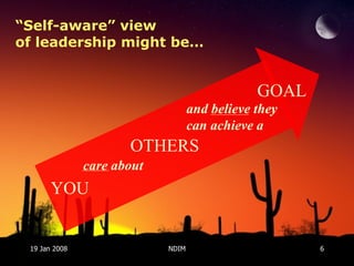 19 Jan 2008 NDIM “ Self-aware” view of leadership might be… YOU OTHERS GOAL care about and believe they can achieve a 