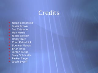 Credits Nolan Berkenfeld Jayda Brown Joe Catalano Max Harris Nicole Epstein Hailey Katz Chad Katzelnick Spencer Manus Brian Rhee Jordan Russo Joley Schneider Parker Siegel Jacob Sycoff 