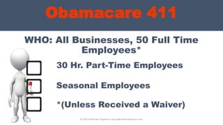 Obamacare 411
WHO: All Businesses, 50 Full Time
Employees*
© 2013 Michael Chapman, GroupBenefitsAdvisors.com
30 Hr. Part-Time Employees
*(Unless Received a Waiver)
Seasonal Employees
 
