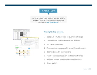 CASE STUDY 
So how has a best selling author who’s 
worked on the Obama campaign use 
Knodes in the real world? 
Knodes ©2012 
The eight-step process. 
1. Set goal - invite people to event in Chicago 
2. Decide what characteristics are relevant 
3. Hit the spreadsheet 
4. Prep unique messages for email (copy & paste) 
5. Search LinkedIn connections 
6. Hack Facebook location and search friends 
7. Knodes search on relevant characteristics 
8. Then…WAIT. 
 