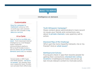 BUILT TO SERVE 
Easy for campaign to 
implement using our API, 
or build your own solution 
with our API. Knodes is big 
data as a service. 
Knodes ©2012 
Take as much or as little you 
need - from improved internal 
intelligence to a full-fledged 
super-supporter 
communication platform. 
We’ve built Knodes to be a 
service where we can throttle 
demand (and cost) as needed. 
Social media is 90% hype, 
and 100% people - we focus 
on people. You already have 
your supporter base. Knodes 
can activate them effectively. 
Intelligence on demand. 
Customizable 
A La Carte 
Context 
Truth Whisperer Campaign? 
Share content about administration’s track record 
on issues your friends and connections care 
about in private channels. Less spammy call to 
action. 
Electoral Map of Me Challenge 
Who’s got the more impactful network, me or my 
friends? And on what issues? 
Battleground Calvary 
Foursquare check-in app that rewards people for 
getting their connections checked into voting 
locations in battleground states and serves up 
last minute relevant content to motivate action. 
 