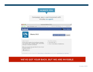 ALWAYS YOU 
Campaign app is permissioned with 
Knodes as agent. 
WE’VE GOT YOUR BACK, BUT WE ARE INVISIBLE 
Knodes ©2012 
 
