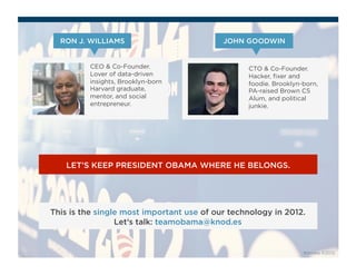 RON J. WILLIAMS JOHN GOODWIN 
CTO & Co-Founder. 
Hacker, fixer and 
foodie. Brooklyn-born, 
PA-raised Brown CS 
Alum, and political 
junkie. 
CEO & Co-Founder. 
Lover of data-driven 
insights, Brooklyn-born 
Harvard graduate, 
mentor, and social 
entrepreneur. 
LET’S KEEP PRESIDENT OBAMA WHERE HE BELONGS. 
This is the single most important use of our technology in 2012. 
Let’s talk: teamobama@knod.es 
Knodes ©2012 
