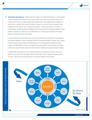 4.	 Going	where	the	people	are	–	While 60 percent of adults in the United States belong to a social network,
                                       most do not belong to more than one. If you want to reach them, you have to know where they are and
                                       connect with them there. As Obama adviser Scott Goodstein said: “Some people only go to MySpace. It’s
                                       where they’re on all day. Some only go to LinkedIn. Our goal is to make sure that each supporter online,
                                       regardless of where they are, has a connection with Obama.”14 Obama had profiles on more than 15
                                       social networks, including Facebook and MySpace. But he also was the first presidential candidate to have
                                       profiles on AsianAve.com, MiGente.com and BlackPlanet.com, influential social networks for the Asian,
                                       Hispanic and African-American communities.

                                       It is also important to note that Obama was not on every social network: he selected the most significant
                                       and important platforms in which to participate. While the unsuccessful Edwards campaign was on dozens
                                       of social networks, Obama limited his official presence to 15 and leveraged these platforms to direct
                                       people to the MyBO Web site, where the campaign had a greater ability to channel people to the specific
                                       activities and causes that were deemed the most important to fulfilling the campaign’s electoral strategy.

                                       The MyBO Web site served as the hub for electoral activities, with spokes that reached to an array of
                                       platforms, all of which drove conversation back to the Web site in order to engage the people, empower
                                       the voices, raise the money and get the boots on the ground needed to win the election.




                                                                                                              Social
Obama Campaign’s Hub and Spoke Model




                                                                                                             Networks
                                                                                           Mobile                                  Search



                                                                                                              People
                                                                                Get out
                                                      Votes                    the vote
                                                                                                                                               Events
                                                                                                                               Money
                                                                                                  Books




                                                                                                          MyBO
                                                                                Twitter                                                         Ads     By District,
                                                                                                               Voice                                    By State


                                                                                            E-mail                                     Blogs

                                                                                                              YouTube


                                                                                                                                                           SOURCE: Edelman




                                                                                                                                                          © Edelman 2009   |   8
 
