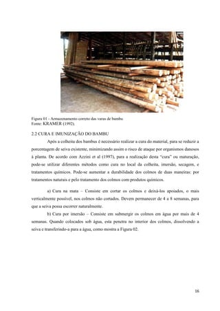 16
Figura 01 - Armazenamento correto das varas de bambu
Fonte: KRAMER (1992).
2.2 CURA E IMUNIZAÇÃO DO BAMBU
Após a colheita dos bambus é necessário realizar a cura do material, para se reduzir a
porcentagem de seiva existente, minimizando assim o risco de ataque por organismos danosos
à planta. De acordo com Azzini et al (1997), para a realização desta “cura” ou maturação,
pode-se utilizar diferentes métodos como cura no local da colheita, imersão, secagem, e
tratamentos químicos. Pode-se aumentar a durabilidade dos colmos de duas maneiras: por
tratamentos naturais e pelo tratamento dos colmos com produtos químicos.
a) Cura na mata – Consiste em cortar os colmos e deixá-los apoiados, o mais
verticalmente possível, nos colmos não cortados. Devem permanecer de 4 a 8 semanas, para
que a seiva possa escorrer naturalmente.
b) Cura por imersão – Consiste em submergir os colmos em água por mais de 4
semanas. Quando colocados sob água, esta penetra no interior dos colmos, dissolvendo a
seiva e transferindo-a para a água, como mostra a Figura 02.
 