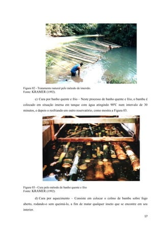 17
Figura 02 - Tratamento natural pelo método de imersão.
Fonte: KRAMER (1992).
c) Cura por banho quente e frio – Neste processo de banho quente e frio, o bambu é
colocado em situação imersa em tanque com água atingindo 90ºC num intervalo de 30
minutos, e depois o resfriando em outro reservatório, como mostra a Figura 03.
Figura 03 - Cura pelo método de banho quente e frio
Fonte: KRAMER (1992).
d) Cura por aquecimento – Consiste em colocar o colmo de bambu sobre fogo
aberto, rodando-o sem queimá-lo, a fim de matar qualquer inseto que se encontre em seu
interior.
 