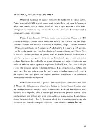 26
2.4 DISTRIBUIÇÃO GEOGRÁFICA DO BAMBU
O bambu é encontrado em todos os continentes do mundo, com exceção da Europa.
Porém, desde o século XIX, seu cultivo vem sendo introduzido na parte oeste da Europa, em
países como Espanha, Itália e Portugal, através da China e Japão (OPRINS PLANT, 1997).
Estas gramíneas crescem em temperaturas entre 8º e 36º C, embora se desenvolvam melhor
em regiões tropicais e subtropicais.
De acordo com Londoño (1991), no mundo existe um total de 90 gêneros e 1.200
espécies de bambus. Contudo muitas divergências existem com relação a esta diversidade.
Kumar (2002) relata uma existência de mais de 1.575 espécies; Kaley (2000) cita o número de
1200 espécies distribuídas em 75 gêneros e a NMBA (2004), 111 gêneros e 1600 espécies.
Uma das possíveis razões para estas discordâncias pode estar relacionada com o fato da flor e
o fruto não estarem presentes em grande parte do material botânico coletado para a
identificação, devido aos grandes intervalos de florescimento que ocorrem em muitas
espécies. Como estes dois órgãos têm um grande número de informações botânicas, as suas
ausências poderiam levar a equívocos no processo de identificação. Uma outra explicação
poderia estar associada à prática comum de propagação da espécie por clones. À parte de uma
planta que sofreu uma mutação e que foi posteriormente utilizada como propágulo, poderia
dar origem a uma nova planta com algumas diferenças morfológicas e ser considerada
erroneamente como uma nova espécie.
No Novo Mundo existem 41 gêneros e 440 espécies que se distribuem desde o Norte
do México até o Chile, com uma só espécie no Sudeste dos Estados Unidos. Oitenta e cinco
por cento dos bambus herbáceos do mundo se encontram no Neotrópico. Distribuem-se desde
o México até a Argentina, sendo o Brasil o país mais rico em gêneros e espécies. Estes
bambus diferem dos lenhosos por terem colos herbáceos, sistema simples de ramificação,
sistema rizomático simples, florações frequentes, não cíclicas, e crescem geralmente nos sub-
bosques da selva tropical e subtropical abaixo dos 1.500 m de altitude (LONDOÑO, 2004).
 