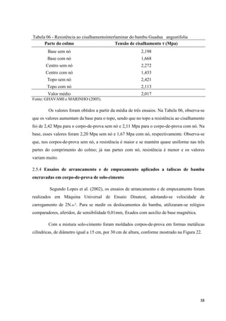 38
Tabela 06 - Resistência ao cisalhamentointerlaminar do bambu Guadua angustifolia
Parte do colmo Tensão de cisalhamento τ (Mpa)
Base sem nó 2,198
Base com nó 1,668
Centro sem nó 2,272
Centro com nó 1,433
Topo sem nó 2,421
Topo com nó 2,113
Valor médio 2,017
Fonte: GHAVAMI e MARINHO (2005).
Os valores foram obtidos a partir da média de três ensaios. Na Tabela 06, observa-se
que os valores aumentam da base para o topo, sendo que no topo a resistência ao cisalhamento
foi de 2,42 Mpa para o corpo-de-prova sem nó e 2,11 Mpa para o corpo-de-prova com nó. Na
base, esses valores foram 2,20 Mpa sem nó e 1,67 Mpa com nó, respectivamente. Observa-se
que, nos corpos-de-prova sem nó, a resistência é maior e se mantém quase uniforme nas três
partes do comprimento do colmo; já nas partes com nó, resistência é menor e os valores
variam muito.
2.5.4 Ensaios de arrancamento e de empuxamento aplicados a taliscas de bambu
encravadas em corpo-de-prova de solo-cimento
Segundo Lopes et al. (2002), os ensaios de arrancamento e de empuxamento foram
realizados em Máquina Universal de Ensaio Dinatest, adotando-se velocidade de
carregamento de 2N.s-¹. Para se medir os deslocamentos do bambu, utilizaram-se relógios
comparadores, aferidos, de sensibilidade 0,01mm, fixados com auxílio de base magnética.
Com a mistura solo-cimento foram moldados corpos-de-prova em formas metálicas
cilíndricas, de diâmetro igual a 15 cm, por 30 cm de altura, conforme mostrado na Figura 22.
 