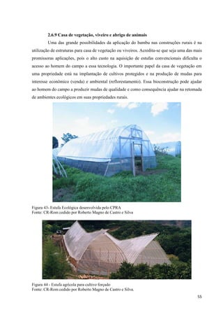55
2.6.9 Casa de vegetação, viveiro e abrigo de animais
Uma das grande possibilidades da aplicação do bambu nas construções rurais é na
utilização de estruturas para casa de vegetação ou viveiros. Acredita-se que seja uma das mais
promissoras aplicações, pois o alto custo na aquisição de estufas convencionais dificulta o
acesso ao homem do campo a essa tecnologia. O importante papel da casa de vegetação em
uma propriedade está na implantação de cultivos protegidos e na produção de mudas para
interesse econômico (venda) e ambiental (reflorestamento). Essa bioconstrução pode ajudar
ao homem do campo a produzir mudas de qualidade e como consequência ajudar na retomada
de ambientes ecológicos em suas propriedades rurais.
Figura 43- Estufa Ecológica desenvolvida pelo CPRA
Fonte: CR-Rom cedido por Roberto Magno de Castro e Silva
Figura 44 - Estufa agrícola para cultivo forçado
Fonte: CR-Rom cedido por Roberto Magno de Castro e Silva.
 