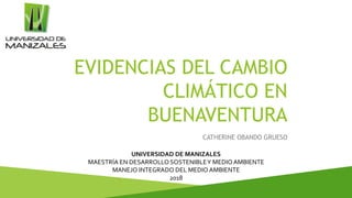 EVIDENCIAS DEL CAMBIO
CLIMÁTICO EN
BUENAVENTURA
CATHERINE OBANDO GRUESO
UNIVERSIDAD DE MANIZALES
MAESTRÍA EN DESARROLLO SOSTENIBLEY MEDIO AMBIENTE
MANEJO INTEGRADO DEL MEDIO AMBIENTE
2018
 
