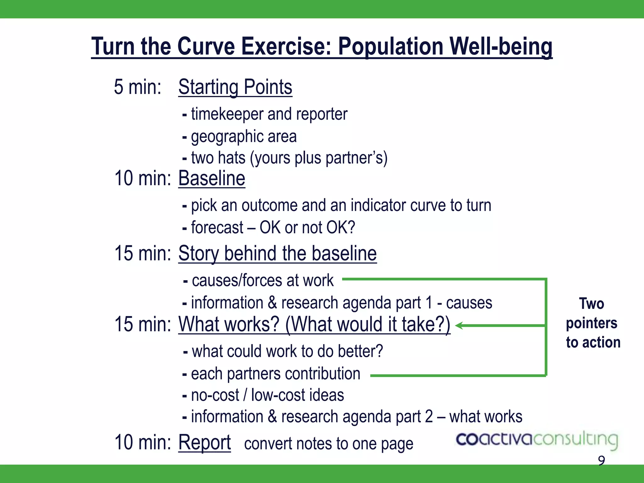 9Turn the Curve Exercise: Population Well-being5 min:	Starting Points- timekeeper and reporter- geographic area- two hats (yours plus partner’s)10 min:	Baseline- pick an outcome and an indicator curve to turn- forecast – OK or not OK?15 min:	Story behind the baseline- causes/forces at work- information & research agenda part 1 - causesTwo pointers to action15 min:	What works? (What would it take?)- what could work to do better?- each partners contribution- no-cost / low-cost ideas- information & research agenda part 2 – what works10 min:	Reportconvert notes to one page