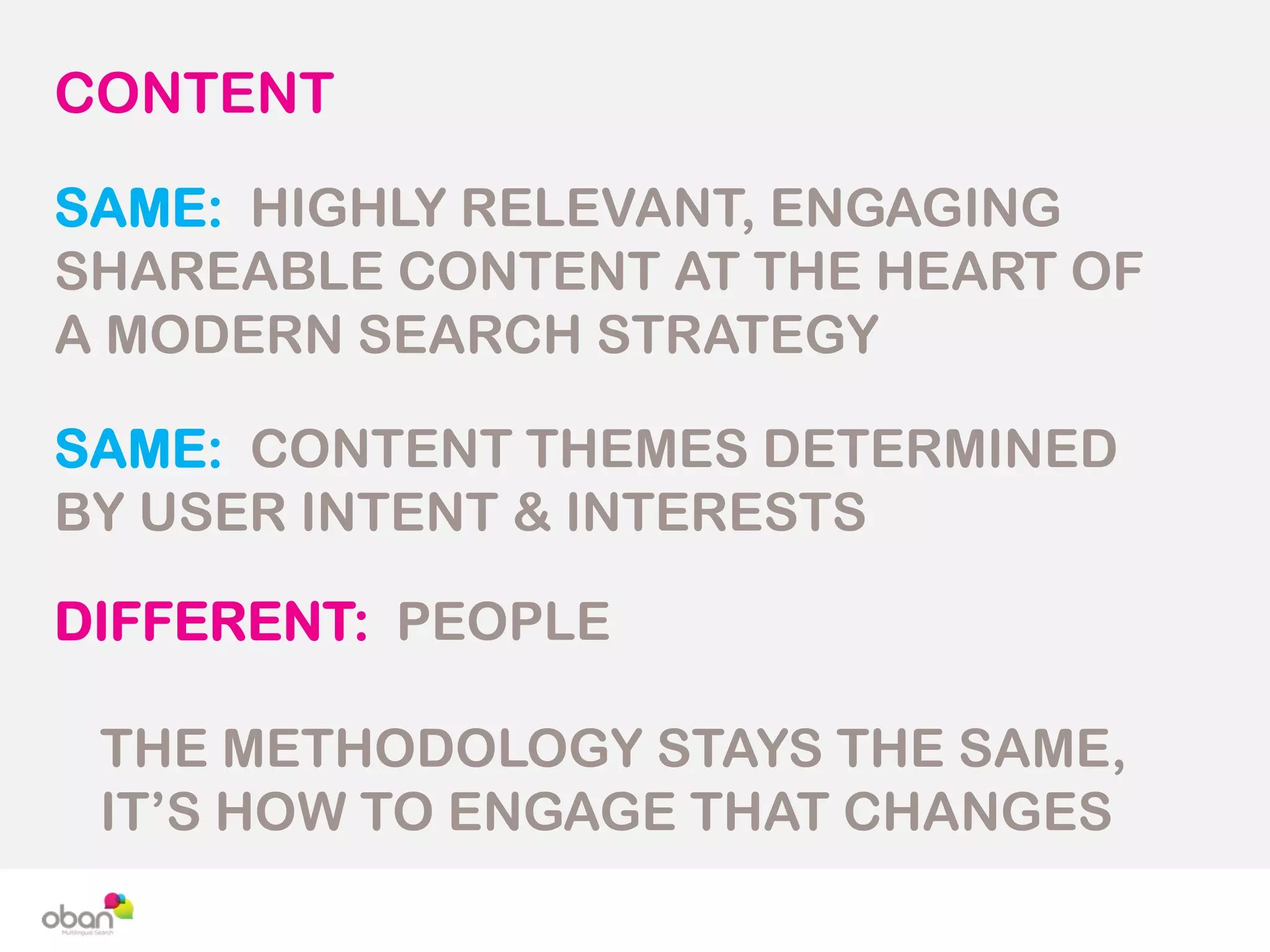 CONTENT
SAME: HIGHLY RELEVANT, ENGAGING
SHAREABLE CONTENT AT THE HEART OF
A MODERN SEARCH STRATEGY
SAME: CONTENT THEMES DETERMINED
BY USER INTENT & INTERESTS
DIFFERENT: PEOPLE
THE METHODOLOGY STAYS THE SAME,
IT’S HOW TO ENGAGE THAT CHANGES
 