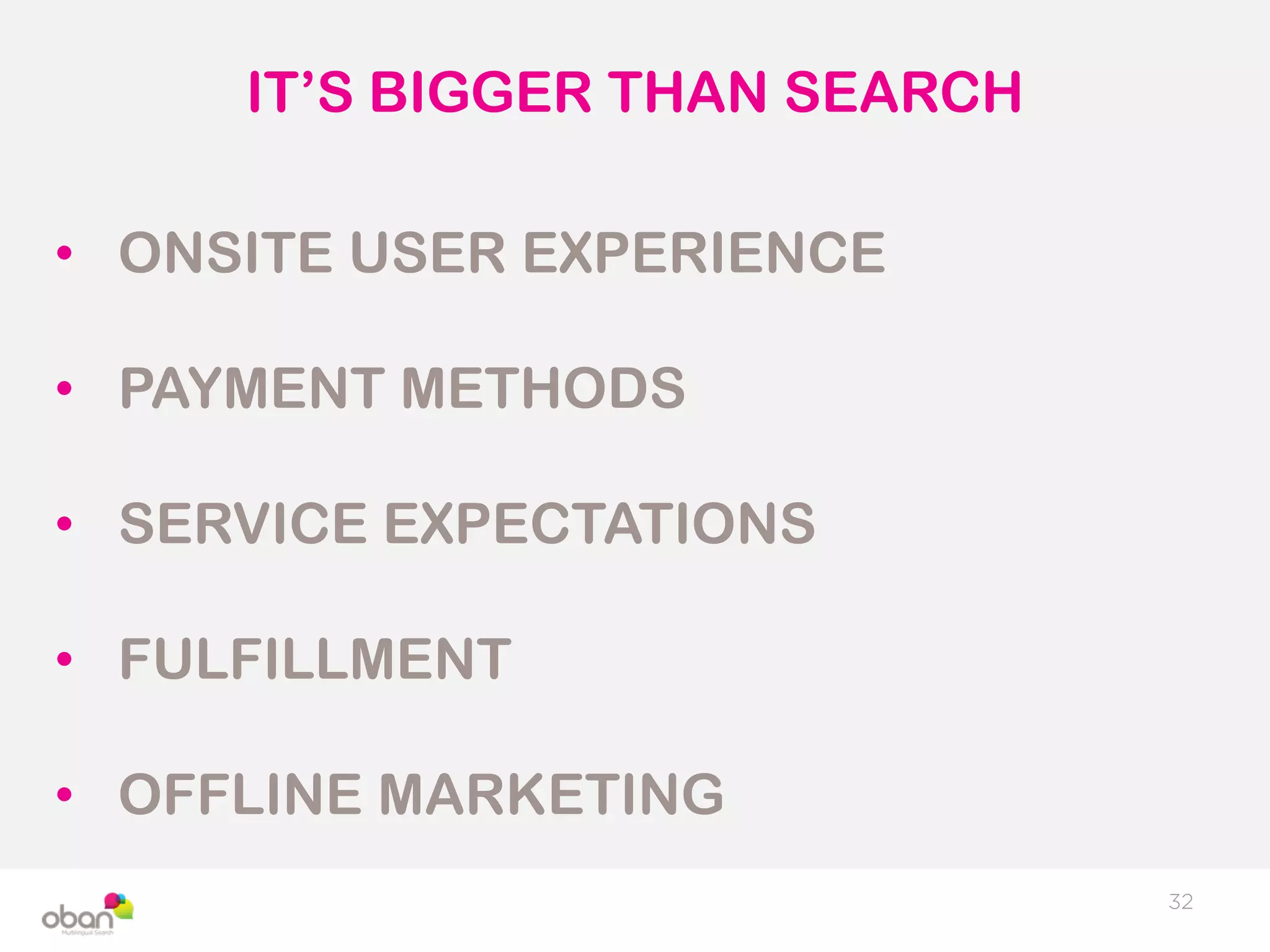 IT’S BIGGER THAN SEARCH
32
• ONSITE USER EXPERIENCE
• PAYMENT METHODS
• SERVICE EXPECTATIONS
• FULFILLMENT
• OFFLINE MARKETING
 