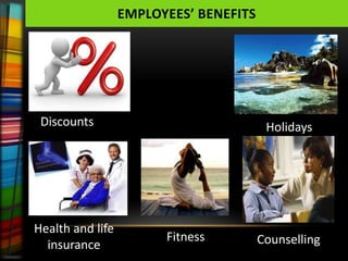 EMPLOYEES’ BENEFITS




 Discounts                               Holidays




Health and life
                        Fitness         Counselling
  insurance
 