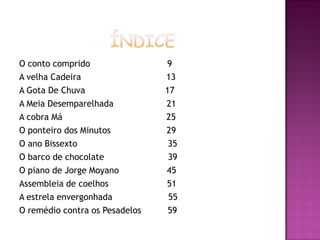 O conto comprido                9
A velha Cadeira                 13
A Gota De Chuva                 17
A Meia Desemparelhada           21
A cobra Má                      25
O ponteiro dos Minutos          29
O ano Bissexto                   35
O barco de chocolate             39
O piano de Jorge Moyano         45
Assembleia de coelhos           51
A estrela envergonhada           55
O remédio contra os Pesadelos    59
 
