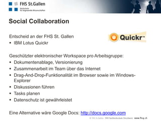 Einsatz von Social BookmarkingEinsatz eines Social Bookmarking ServiceGruppe Software EngineeringKontinuierlich Links zu den Themengebieten aufnehmenTags an den Themen des Lehrplans ausrichtenVorteile:Dynamik, Aktualität der LinksKommentiermöglichkeitEinbezug der Community über die Hochschul-und Klassengrenzen hinwegEinbinden in Moodle:Tag-Wolke über Widget einbindenPro Thema zusätzlichen Link anbieten
