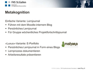 BlogWeblog führen als Dozent: http://www.fhsg.ch/Software-Engineering-BlogMedienvielfalt einsetzen: Text, Bilder Podcasts oder FilmeZiele:Aktuelles Wissen “parkieren”, “sichtbar machen”Förderung des informellen LernensEinführung in die Blogosphere mittels der BlogrollAktive Fach-Diskussion über die Kommentierfunktion anstossenIntegrieren in Moodle mittels RSS-Feeds