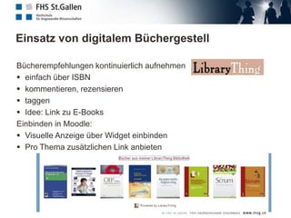 «New» Blended-Learning-KonzeptionWöchentliche PräsenzlektionenThemen diskutieren – Arbeiten präsentierenLMSAsynchrone Kommunikation über das ForumLehr-/Lernmaterialien – Folien, PDF’sArbeitsaufträge – Einreichen der ArbeitenWBT’s – Tracking der ResultateSocial Software Lösungendes Web 2.0
