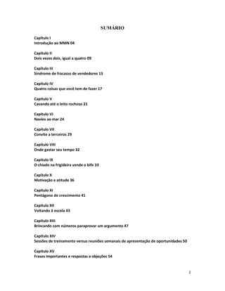 2
SUMÁRIO
Capítulo I
Introdução ao MMN 04
Capítulo II
Dois vezes dois, igual a quatro 09
Capítulo III
Síndrome de fracasso de vendedores 13
Capítulo IV
Quatro coisas que você tem de fazer 17
Capítulo V
Cavando até o leito rochoso 21
Capítulo VI
Navios ao mar 24
Capítulo VII
Convite a terceiros 29
Capítulo VIII
Onde gastar seu tempo 32
Capítulo IX
O chiado na frigideira vende o bife 33
Capítulo X
Motivação e atitude 36
Capítulo XI
Pentágono de crescimento 41
Capítulo XII
Voltando â escola 43
Capítulo XIII
Brincando com números paraprovar um argumento 47
Capítulo XIV
Sessões de treinamento versus reuniões semanais de apresentação de oportunidades 50
Capítulo XV
Frases importantes e respostas a objeções 54
 