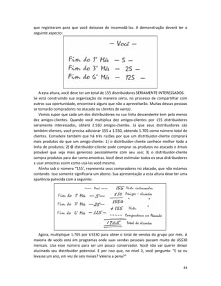 44
que registraram para que você deixasse de incomodá-las. A demonstração deverá ter o
seguinte aspecto:
A esta altura, você deve ter um total de 155 distribuidores SERIAMENTE INTERESSADOS.
Se está construindo sua organização da maneira certa, no processo de compartilhar com
outros sua oportunidade, encontrará alguns que não a aproveitarão. Muitas dessas pessoas
se tornarão compradores no atacado ou clientes de varejo.
Vamos supor que cada um dos distribuidores na sua linha descendente tem pelo menos
dez amigos-clientes. Quando você multiplica dez amigos-clientes por 155 distribuidores
seriamente interessados, obterá 1.550 amigos-clientes. Já que seus distribuidores são
também clientes, você precisa adicionar 155 a 1.550, obtendo 1.705 como número total de
clientes. Considere também que há três razões por que um distribuidor-cliente comprará
mais produtos do que um amigo-cliente: 1) o distribuidor-cliente conhece melhor toda a
linha de produtos; 2) O distribuidor-cliente pode comprar os produtos no atacado e émais
provável que seja mais generoso pessoalmente com seu uso; 3) o distribuidor-cliente
compra produtos para dar como amostras. Você deve estimular todos os seus distribuidores
a usar amostras assim como usá-las você mesmo.
Alinha sob o número “155’, representa seus compradores no atacado, que não estamos
contando. Isso somente significaria um abono. Sua apresentação a esta altura deve ter uma
aparência parecida com a seguinte:
Agora, multiplique 1.705 por US$30 para obter o total de vendas do grupo por mês. A
maioria de vocês está em programas onde suas vendas pessoais passam muito de US$30
mensais. Uso esse número para ser um pouco conservador. Você não vai querer deixar
alucinado seu distribuidor potencial. E por isso que, no nível 3, você pergunta: “E se eu
levasse um ano, em vez de seis meses? Valeria a pena?”
 