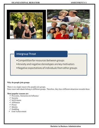 OGANIZATIONAL BEHAVIOR

ASSIGNMENT # 1

Why do people join groups
There is no single reason why people join groups.
Since most individuals belong to different groups. Therefore, they have different attractions towards these.
Most popular reasons are
 Proximity, Interaction & Influence
 Security
 Self-Esteem
 Affiliation
 Power
 Identity
 Huddling
 Goal Achievement

Bachelor in Business Administration

 