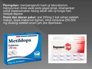 Peringatan: mempengaruhi hasil uji laboratorium,
menurunkan dosis awal pada gagal ginjal, disarqankan
untuk melaksanakan hitung darah dan uji fungsi hati,
riwayat depresi
Dosis dan aturan pakai: oral 250mg 2 kali sehari setelah
makan, dosis maksimal 4g/hari, infus intravena 250-500
mg diulangi setelah enam jam jika diperlukan.
 
