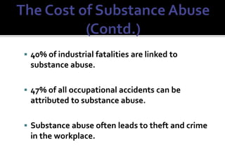  40% of industrial fatalities are linked to
substance abuse.
 47% of all occupational accidents can be
attributed to substance abuse.
 Substance abuse often leads to theft and crime
in the workplace.
 