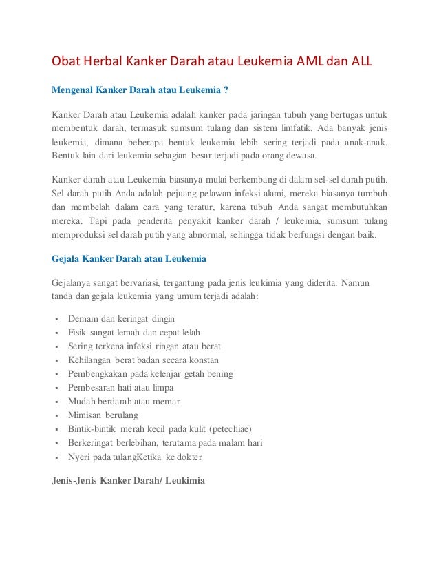 Obat Herbal Kanker Darah Atau Leukemia Aml Dan All