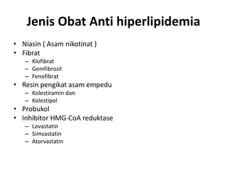 Jenis Obat Anti hiperlipidemia
• Niasin ( Asam nikotinat )
• Fibrat
– Klofibrat
– Gemfibrozil
– Fenofibrat
• Resin pengikat asam empedu
– Kolestiramin dan
– Kolestipol
• Probukol
• Inhibitor HMG-CoA reduktase
– Lovastatin
– Simvastatin
– Atorvastatin
 