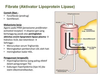 Contoh Obat :
• Fenofibrate (prodrug)
• Gemfibrozil.
Mekanisme kerja
Agonis pada PPAR (peroxisome proliferator-
activated receptor) → ekspresi gen yang
bertanggung jawab atas peningkatan
aktivitas enzim lipoprotein lipase plasma →
hidrolisis VLDL dan kilomikron →
Sehingga :
• Menurunkan serum Trigliserida
• Meningkatkan pembersihan LDL oleh hati
• meningkatkan kadar HDL.
Penggunaan terapeutik:
• Hipertrigliseridemia (yang paling efektif
dalam pengurangan TG)
• Gabungan hiperlipidemia (tipe III) jika
statin dikontraindikasikan.
Fibrate (Aktivator Lipoprotein Lipase)
 