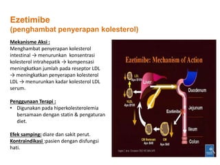 Mekanisme Aksi :
Menghambat penyerapan kolesterol
intestinal → menurunkan konsentrasi
kolesterol intrahepatik → kompensasi
meningkatkan jumlah pada reseptor LDL
→ meningkatkan penyerapan kolesterol
LDL → menurunkan kadar kolesterol LDL
serum.
Penggunaan Terapi :
• Digunakan pada hiperkolesterolemia
bersamaan dengan statin & pengaturan
diet.
Efek samping: diare dan sakit perut.
Kontraindikasi :pasien dengan disfungsi
hati.
Ezetimibe
(penghambat penyerapan kolesterol)
 