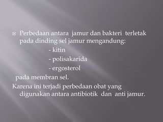  Perbedaan antara jamur dan bakteri terletak
pada dinding sel jamur mengandung:
- kitin
- polisakarida
- ergosterol
pada membran sel.
Karena ini terjadi perbedaan obat yang
digunakan antara antibiotik dan anti jamur.
 