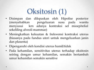 Oksitosin (1)
• Disimpan dan dilepaskan
(menyebabkan pengeluaran susu pada
oleh Hipofise posterior
wanita
menyusui krn adanya kontraksi sel mioepitelial
sekeliling alveoli mammae)
• Meningkatkan kekuatan & frekwensi kontraksi uterus
(biasanya pada fundus uteri untuk mengeluarkan janin
dan plasenta)
• Dipengaruhi oleh kondisi uterus hamil/tidak
• Pada kehamilan, sensitivitas uterus terhadap oksitosin
seiring dengan umur kehamilan, semakin bertambah
umur kehamilan semakin sensitive
 