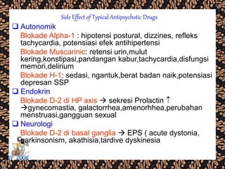 Side Effect of Typical Antipsychotic Drugs
 Autonomik
Blokade Alpha-1 : hipotensi postural, dizzines, refleks
tachycardia, potensiasi efek antihipertensi
Blokade Muscarinic: retensi urin,mulut
kering,konstipasi,pandangan kabur,tachycardia,disfungsi
memori,delirium
Blokade H-1: sedasi, ngantuk,berat badan naik,potensiasi
depresan SSP
 Endokrin
Blokade D-2 di HP axis  sekresi Prolactin 
gynecomastia, galactorrhea,amenorhhea,perubahan
menstruasi,gangguan sexual
 Neurologi
Blokade D-2 di basal ganglia  EPS ( acute dystonia,
parkinsonism, akathisia,tardive dyskinesia
 