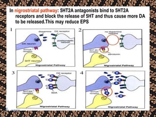 In nigrostriatal pathway: 5HT2A antagonists bind to 5HT2A
receptors and block the release of 5HT and thus cause more DA
to be released.This may reduce EPS
 