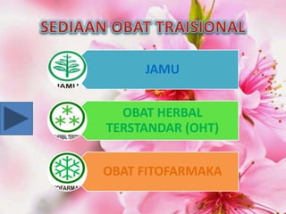 JAMU
OBAT HERBAL
TERSTANDAR (OHT)
OBAT FITOFARMAKA
 
