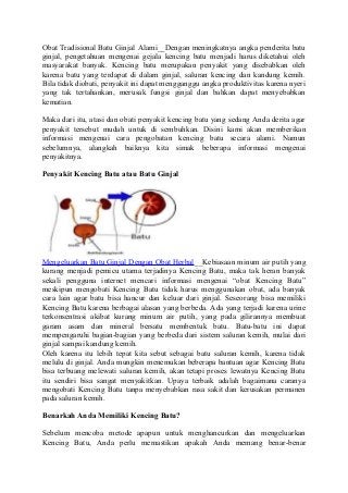 Obat Tradisional Batu Ginjal Alami__Dengan meningkatnya angka penderita batu
ginjal, pengetahuan mengenai gejala kencing batu menjadi harus diketahui oleh
masyarakat banyak. Kencing batu merupakan penyakit yang disebabkan oleh
karena batu yang terdapat di dalam ginjal, saluran kencing dan kandung kemih.
Bila tidak diobati, penyakit ini dapat mengganggu angka produktivitas karena nyeri
yang tak tertahankan, merusak fungsi ginjal dan bahkan dapat menyebabkan
kematian.
Maka dari itu, atasi dan obati penyakit kencing batu yang sedang Anda derita agar
penyakit tersebut mudah untuk di sembuhkan. Disini kami akan memberikan
informasi mengenai cara pengobatan kencing batu secara alami. Namun
sebelumnya, alangkah baiknya kita simak beberapa informasi mengenai
penyakitnya.
Penyakit Kencing Batu atau Batu Ginjal
Mengeluarkan Batu Ginjal Dengan Obat Herbal__Kebiasaan minum air putih yang
kurang menjadi pemicu utama terjadinya Kencing Batu, maka tak heran banyak
sekali pengguna internet mencari informasi mengenai “obat Kencing Batu”
meskipun mengobati Kencing Batu tidak harus menggunakan obat, ada banyak
cara lain agar batu bisa hancur dan keluar dari ginjal. Seseorang bisa memiliki
Kencing Batu karena berbagai alasan yang berbeda. Ada yang terjadi karena urine
terkonsentrasi akibat kurang minum air putih, yang pada gilirannya membuat
garam asam dan mineral bersatu membentuk batu. Batu-batu ini dapat
mempengaruhi bagian-bagian yang berbeda dari sistem saluran kemih, mulai dari
ginjal sampai kandung kemih.
Oleh karena itu lebih tepat kita sebut sebagai batu saluran kemih, karena tidak
melulu di ginjal. Anda mungkin menemukan beberapa bantuan agar Kencing Batu
bisa terbuang melewati saluran kemih, akan tetapi proses lewatnya Kencing Batu
itu sendiri bisa sangat menyakitkan. Upaya terbaik adalah bagaimana caranya
mengobati Kencing Batu tanpa menyebabkan rasa sakit dan kerusakan permanen
pada saluran kemih.
Benarkah Anda Memiliki Kencing Batu?
Sebelum mencoba metode apapun untuk menghancurkan dan mengeluarkan
Kencing Batu, Anda perlu memastikan apakah Anda memang benar-benar
 