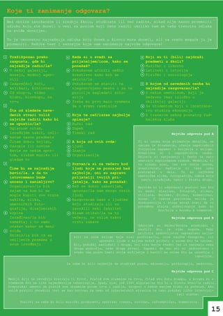 Koje ti zanimanje odgovara?
    Bez obzira završavate li srednju školu, studirate ili već radite, nikad nije kasno promeniti
    odluku koju ste doneli u vezi sa poslom koji ćete raditi ukoliko vam se vaša trenutna odluka
    ne sviđa dovoljno.

    To je verovatno najvažnija odluka koju čovek u životu mora doneti, ali na sreću moguće ju je
    promeniti. Rešite test i saznajte koje vam zanimanje najviše odgovara!


1    Tražiš posao preko           4    Kada si u svađi sa                 8    Koji su ti (bili) najdraži
     raspusta, gde bi                  prijateljem/icom, kako se               predmeti u školi?
     najradije radio/la?               ponašaš?                           a    Muzičko i likovno
a    U nekoj galeriji,             a   Pokušavam učiniti nešto             b   Latinski i istorija
     muzeju, modnoj agen-              kreativno kako bih se              c    Fizičko i sociologija
     ciji                              smirio/la
b    Izdavačkoj kući,              b   Pokušavam se staviti na            9    S kojom od navedenih osoba bi
     knjižari, biblioteci              njegovo/njeno mesto i sa te             najradije razgovarao/la?
c    Cd shop-u, video                  pozicije sagledati situ-           a    S nekim umetnikom, koji je
     klubu, bioskopu, na               aciju                                   nedavno imao izložbu u
     tv-u                          c   Treba mi prvo malo vremena              obližnjoj galeriji
2                                      da o svemu razmislim                b   Sa studentom koji u inostrans-
     Šta od sledeće nave-                                                      tvu studira ekonomiju
     denih stvari voliš            5   Koja te reč/izraz najbolje         c    S trenerom nekog poznatog fud-
     najviše raditi kako bi            opisuje?                                balskog kluba
a    se opustio/la?                a   Ručni rad
     Uglavnom crtam,               b   Uspeh
     izrađujem nakit, osli-        c   Timski rad                                         Najviše odgovora pod A
b    kavam razne predmete
     Čitam dobru knjigu,           6   A koja od ovih ovde:              Ti si osoba koja primećuje detalje, ne
c    časopis ili novine            a   Ljudi                             zanima te štrebanje, učenje nepotrebnih
                                                                         činjenica napamet i buljenje u knjige.
     Bavim se nekim spor-          b   Znanje
                                                                         Kreativna si i nepredvidiva osoba.
     tom, slušam muziku ili        c   Organizacija                      Sklon/a si sanjarenju i često te zato
     gledam tv                                                           smatraju nepouzdanom osobom. Međutim, ti
3                                  7   Pozvan/a si na večeru kod         to nikako nisi, jer sve svoje snove,
     Čime bi se najradije              ljudi koje ne poznaješ baš        kreativnost, maštanja ti tako lako
     bavio/la, a da to                 najbolje, oni su zapravo          pretvaraš   u  dela.   To  su   najčešće
                                                                         umetničke slike, fotografije, odeća koju
     istovremeno bude                  prijatelji tvojih pri-
                                                                           sam/a izrađuješ, nakit i štošta drugo.
a    unosno i zanimljivo?              jatelja, kako se ponašaš:
     Organizovao/la bih            a   Baš se dobro zabavljam,           Najviše bi ti odgovarali poslovi kao što
     sajam na kom bi se                upoznao/la sam mnogo novih        su modni dizajner, fotograf, slikar,
     mogle kupiti sve vrste            ljudi                             stilista, šminker, frizer, kozmetičar,
     nakita, slika,                b   Razgovaram samo s ljudima         kuvar. U takvim poslovima velika je
     umetničkih foto-                  koji studiraju ili su             konkurencija i stoga moraš znati da su
                                                                         potrebna stalna doškolovanje kako bi
     grafija, dizajnerskih             završili neki fakultet                       bio/bila u koraku s vremenom.
b    krpica                        c   Nisam otišao/la na tu
     Izrađivao/la bih                  večeru, ne volim takvu                             Najviše odgovora pod B
     nameštaj i to samo                vrstu zabave
     onakav kakav se meni                                                Oduvijek si želeo/želela studirati i
                                                                         naučiti   što  je   više  moguće.   Tebi
c    sviđa
                                                                         pričinja zadovoljstvo neprestano naila-
     Snimio/la bih cd sa               ziti na nove knjige koje nisi pročitao/la, nove naučne časopise, ili
     omiljenim pesmama u                            upoznati ljude s kojima možeš pričati o onome što te zanima.
     svom izvođenju                    Ali, pokušaj saslušati i druge, oni nisu manje vredni jer ih zanimaju neka
                                       druga područja, neke druge stvari. Zapamti da smo svi mi jedinstveni i
                                       svako ima pravo imati svoje mišljenje i baviti se onime što ga usrećuje i
                                                                                                       ispunjuje.

                                  Za tebe bi bilo najbolje da studiraš pravo, ekonomiju, psihologiju, medicinu…

                                                                                          Najviše odgovora pod C

    Mediji koji te okružuju kreiraju ti život. Pratiš sve utakmice na tv-u, čitaš svu žutu štampu, u koraku si s
    vremenom što se tiče najmodernije tehnologije. Ipak, nisi još 100% siguran/na šta bi u životu hteo/la raditi.
    Preporuka: umesto da pratiš sve utakmice putem tv-a i radija, zaigraj u nekom manjem klubu za početak. Ako
    voliš pratiti showbizz javi se kao novinar na neku od internetskih stranica te tako pokušaj lično intervjui-
                                                                                             rati slavne.

          Poslovi za tebe bi bili muzički producent, sportski trener, novinar, informatičar, komentator.

                                                                                                               15
 