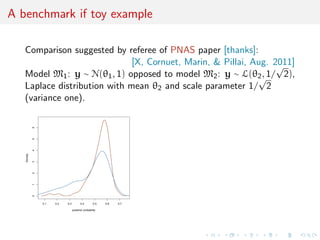 A benchmark if toy example
Comparison suggested by referee of PNAS paper [thanks]:
[X, Cornuet, Marin, & Pillai, Aug. 2011]
Model M1: y ∼ N(θ1, 1) opposed to model M2: y ∼ L(θ2, 1/
√
2),
Laplace distribution with mean θ2 and scale parameter 1/
√
2
(variance one).
0.1 0.2 0.3 0.4 0.5 0.6 0.7
0123456
posterior probability
Density
 