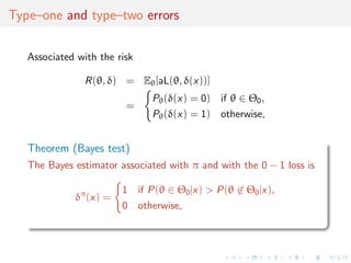 Type–one and type–two errors
Associated with the risk
R(θ, δ) = Eθ[aL(θ, δ(x))]
=
Pθ(δ(x) = 0) if θ ∈ Θ0,
Pθ(δ(x) = 1) otherwise,
Theorem (Bayes test)
The Bayes estimator associated with π and with the 0 − 1 loss is
δπ
(x) =
1 if P(θ ∈ Θ0|x) > P(θ ∈ Θ0|x),
0 otherwise,
 