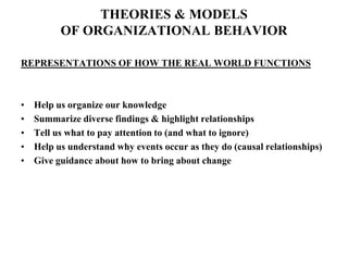 THEORIES & MODELSOF ORGANIZATIONAL BEHAVIOR REPRESENTATIONS OF HOW THE REAL WORLD FUNCTIONS Help us organize our knowledge Summarize diverse findings & highlight relationships Tell us what to pay attention to (and what to ignore) Help us understand why events occur as they do (causal relationships) Give guidance about how to bring about change 