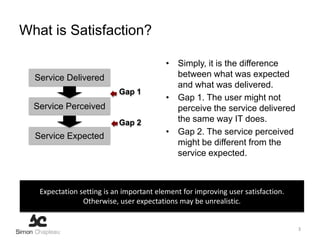 What is Satisfaction?

                                          • Simply, it is the difference
  Service Delivered                         between what was expected
                                            and what was delivered.
                           Gap 1
                                          • Gap 1. The user might not
  Service Perceived                         perceive the service delivered
                           Gap 2            the same way IT does.
  Service Expected                        • Gap 2. The service perceived
                                            might be different from the
                                            service expected.



   Expectation setting is an important element for improving user satisfaction.
                Otherwise, user expectations may be unrealistic.


                                                                                  3
 