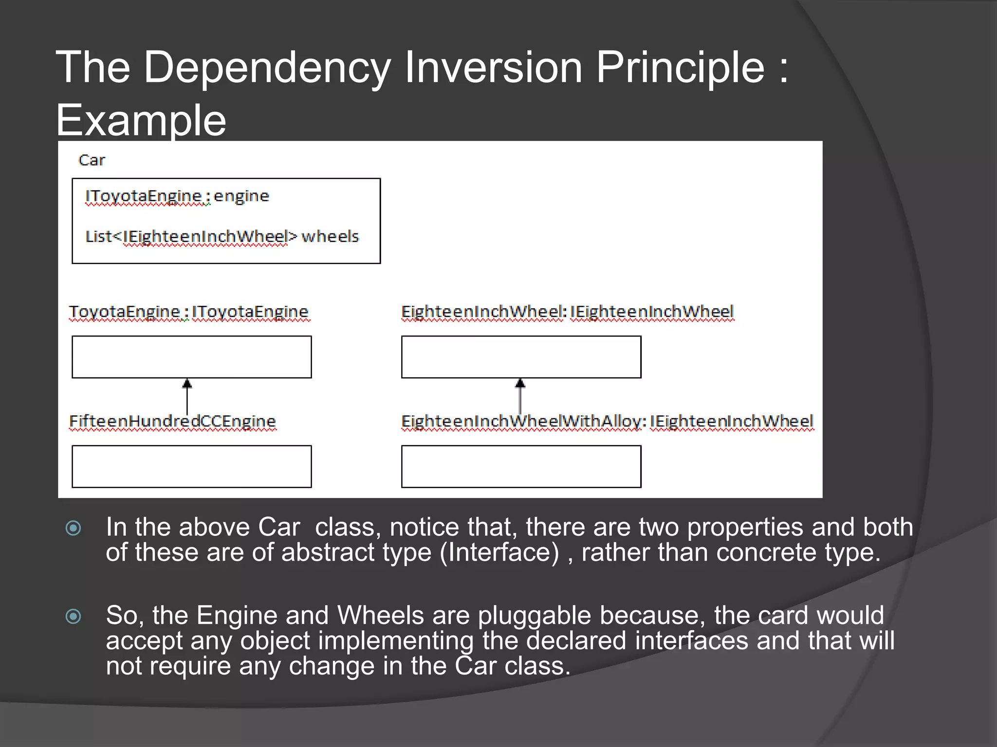 The Dependency Inversion Principle : ExampleIn the above Car  class, notice that, there are two properties and both of these are of abstract type (Interface) , rather than concrete type.So, the Engine and Wheels are pluggable because, the card would accept any object implementing the declared interfaces and that will not require any change in the Car class. 