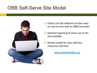 OBB Self-Serve Site Model
14




                     Clients use the software on their own
                      vs. one-on-one with an OBB Counselor

                     Detailed reporting of client use at the
                      site available

                     Perfect model for sites with less
                      resources and time.

                             www.ohiobenefits.org
 