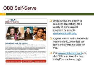 OBB Self-Serve
15



                   Ohioans have the option to
                    complete applications for a
                    variety of work support
                    programs by going to
                    www.ohiobenefits.org.

                   Anyone in Ohio with a household
                    income of $60,000 or less can
                    self-file their income taxes for
                    free.

                   Visit www.ohiobenefits.org and
                    click “File your taxes for free
                    today!” on the home page.
 